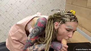 Tattooed European Squirts Hard with Toys in Kitchen