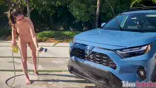 Brunette MILF and Friend Get Wet During a Lesbian Car Wash