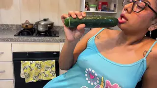 Curvy Latina Pleasures Herself With Cucumber in Kitchen
