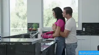 Busty Mature Brunette Teases While Washing Dishes