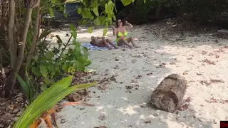 Busty MILF and Petite Stepdaughter Share POV Facial on Beach