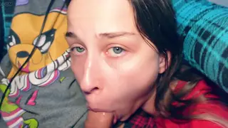 Stepsister Kneels for a Deep Blowjob and Facial
