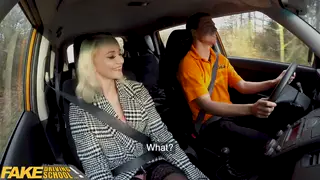 Blonde in Stockings Gives Roadside Blowjob During Lesson