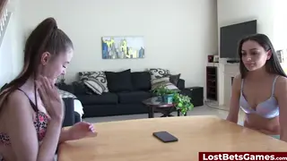 Two Brunettes Share a Lucky Guy After a Strip Challenge