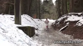 Brunette and Redhead Teens Squat in the Snow for a Public Pee