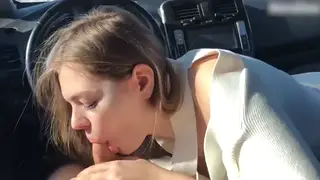 Busty Stranger Gives Roadside Blowjob in Car