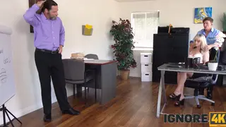 Blonde Employee Enjoys Office Desk Encounter
