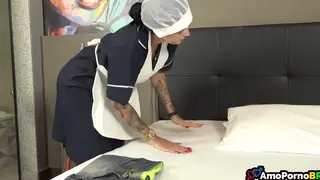 Maid in Uniform Steps Into the Room