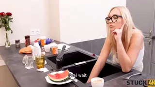 Blonde Secretary Gives Blowjob After Kitchen Mishap