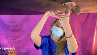 Blonde Nurse Commands Milking Table Session with Stranger
