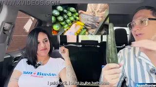 Curvy Latina Uses Giant Cucumber Toy During Car Casting