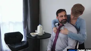 Hairy Bear Daddy Barebacks His Slim Stepson at the Office Desk