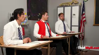 Mature Teacher Commands Gangbang at Her Desk in POV