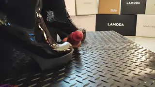 Asian Dominatrix Crushes Submissive Employee Under Leather Boots