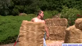 Muscular Farmhands Share Oral and Release Outdoors