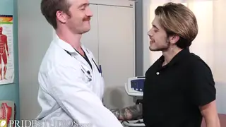 Muscular Jock Services Bearded Doctor in Clinical Setting