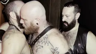 Hairy European Bears Share Tattooed Threesome Blowjob