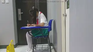 Desperate Teen Student Wets Skirt in Public Chair