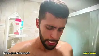 Latino Teen Uncut Cock Explodes in Hands-Free Shower Climax