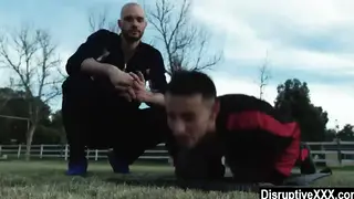 Coach Stretches a Straight Jock with a Toy Before Bareback