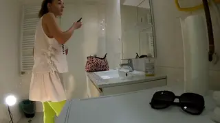 Petite Redhead Flashes Lingerie and Feet in Bathroom