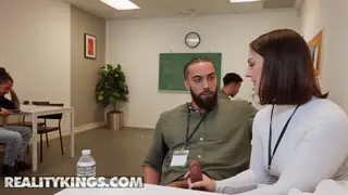 Office Brunette Takes Coworker's Creampie at Desk
