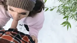 Curvy Brunette Gives POV Blowjob Outdoors Until Facial Finish
