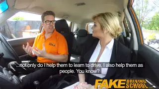 Busty Blonde Examiner Swallows Every Drop in Car POV