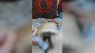 Hairy Brunette Pleasures Herself with Makeup Brush on Webcam