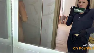 Brunette MILF Maid Surprises Guest with Shower Blowjob