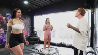 Latina Duo Share Coach in Holiday Cosplay Threesome