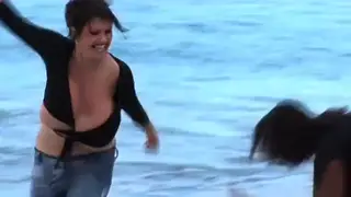 Ebony MILF Licks Brunette on Sandy Beach