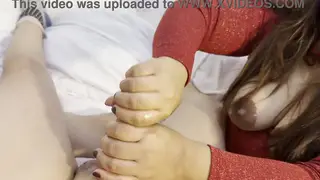 Busty Brunette Latina Milks a Huge Cock With Her Hands