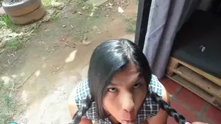 Latina Student Swallows Deep in Front Yard Blowjob