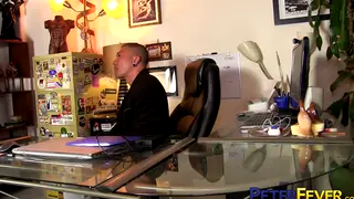 Muscular Asian Stud Barebacks a Tattooed Twink at the Office Desk