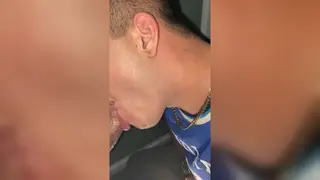 Muscular Latino Rims Slim Partner in Club Bathroom