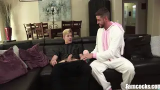 Stepdad in Bunny Suit Barebacks Teen on the Couch for Holiday Fun