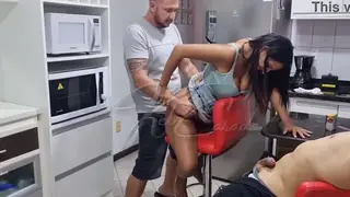 Busty Latina Wife Serves Two Men at the Kitchen Counter