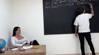 Curvy Latina Teacher Takes Student's Load in Classroom