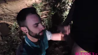 Hairy Performer Gives Slow Outdoor Blowjob Under Sunlight