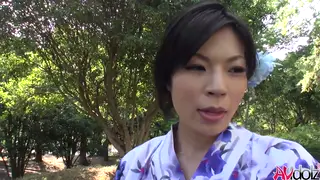 Busty Japanese Model in Kimono Gives Outdoor Blowjob