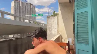 Hairy Twink Rides Bear on Balcony as Crowd Passes