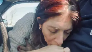 MILF Delivers Sloppy Blowjob in Car and Swallows