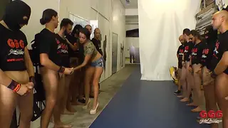 European Babe Swallows Multiple Loads in Gangbang