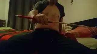 Solo Guy Canes His Belly Before Stroking to Release