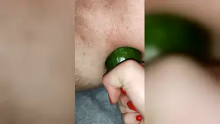 Curvy European Woman Takes a Cucumber Anally