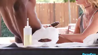 Petite Blonde Teen Takes Two BBCs in Massage Threesome