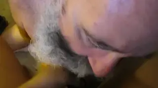 Mature Bear Swallows Black Cock in Interracial Blowjob