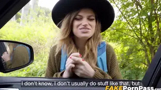 Busty Brunette Sucks and Rides a Stranger in a Car