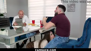 Curvy Stepsister Kneels Under Table for a Steamy Blowjob